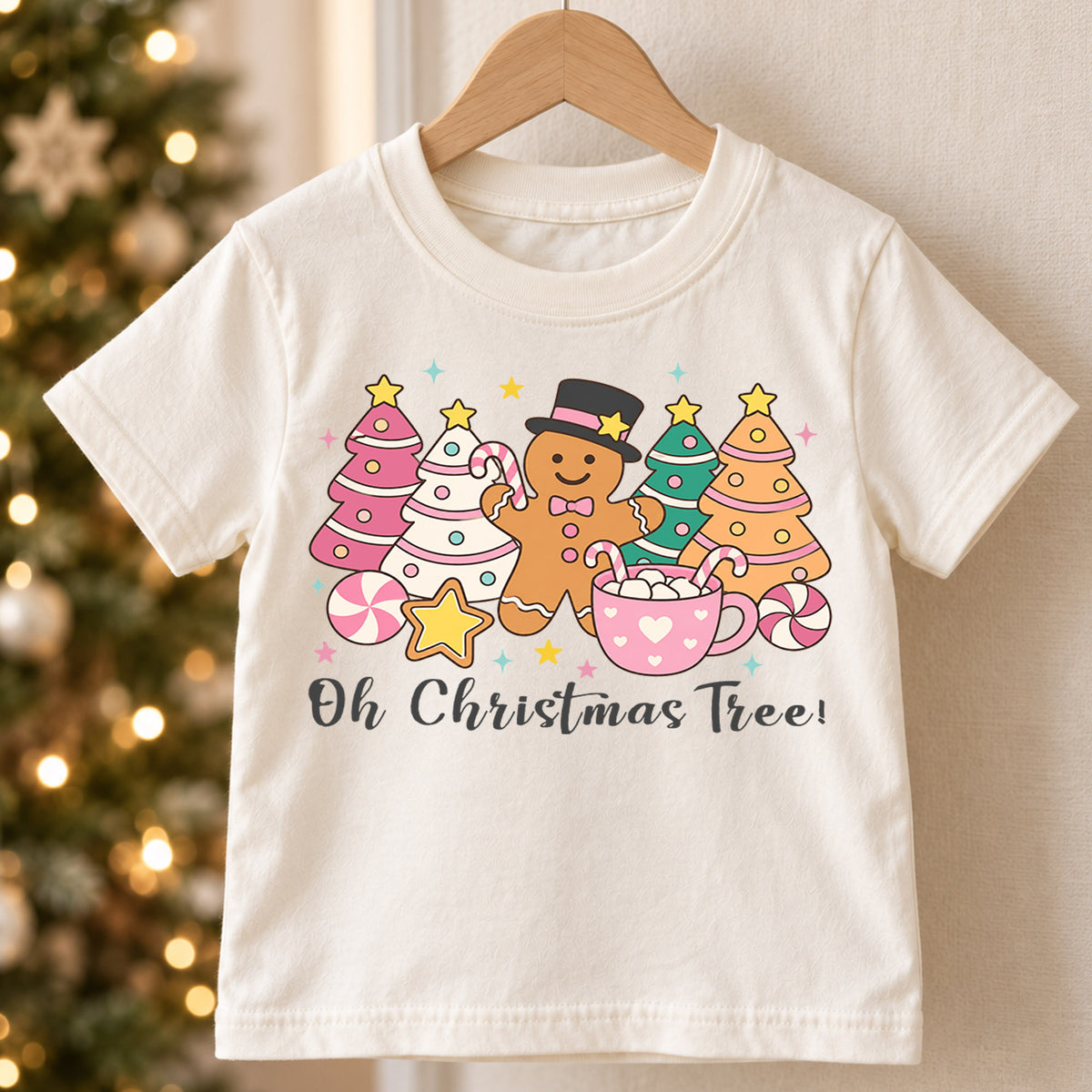 Oh Christmas Tree Kids Shirt, Pastel Gingerbread Holiday Tee, Pink Christmas Tree T Shirt, Cute Xmas Gift for Girls and Kids — product view 5