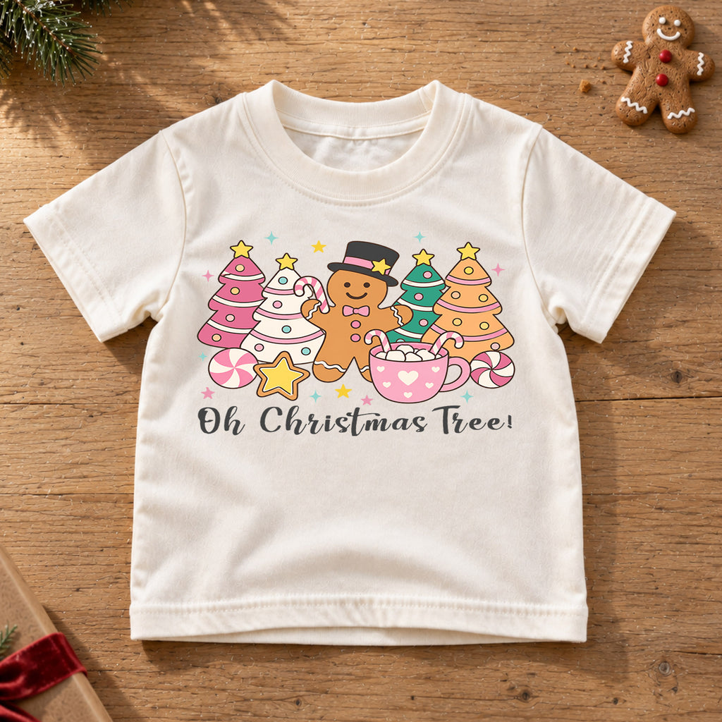 Oh Christmas Tree Kids Shirt, Pastel Gingerbread Holiday Tee, Pink Christmas Tree T Shirt, Cute Xmas Gift for Girls and Kids — product view 6