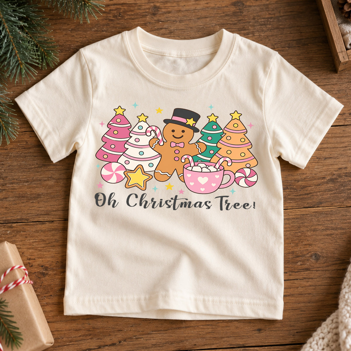 Oh Christmas Tree Kids Shirt, Pastel Gingerbread Holiday Tee, Pink Christmas Tree T Shirt, Cute Xmas Gift for Girls and Kids — product view 7