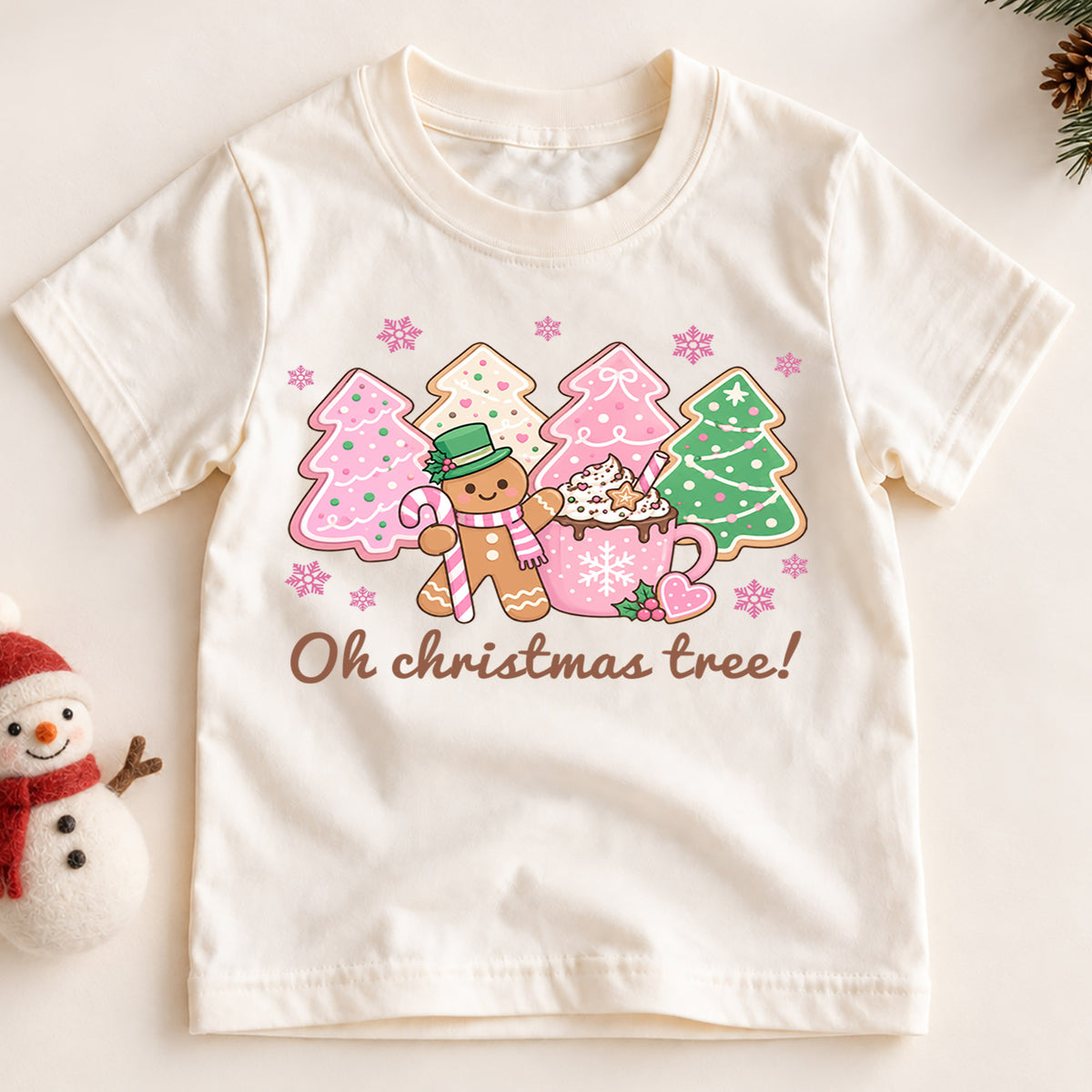 Oh Christmas Tree Kids Shirt, Gingerbread Cookie Tree Holiday Tee, Pink Christmas T Shirt, Cute Festive Xmas Gift for Girls — product view 2