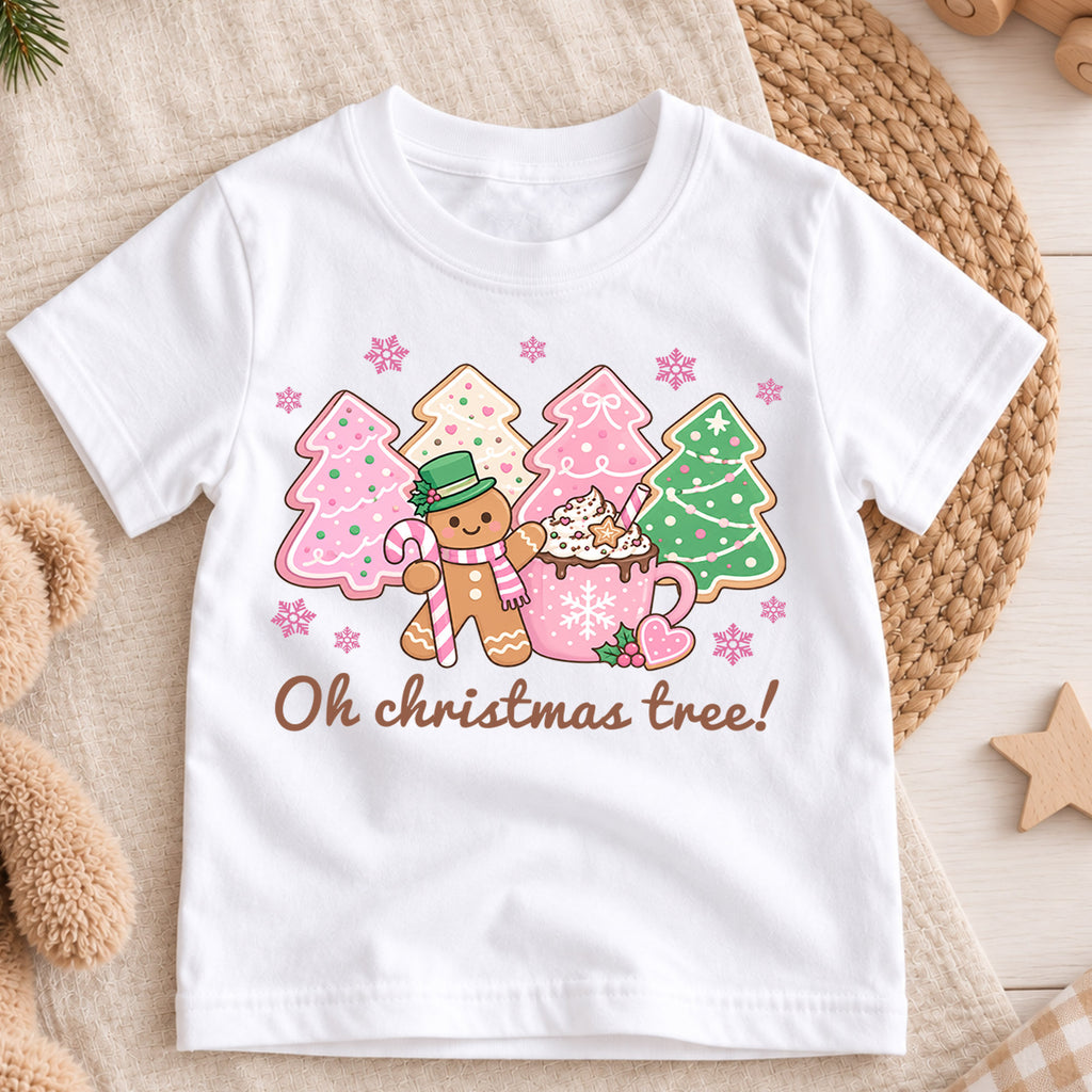 Oh Christmas Tree Kids Shirt, Gingerbread Cookie Tree Holiday Tee, Pink Christmas T Shirt, Cute Festive Xmas Gift for Girls — product view 3