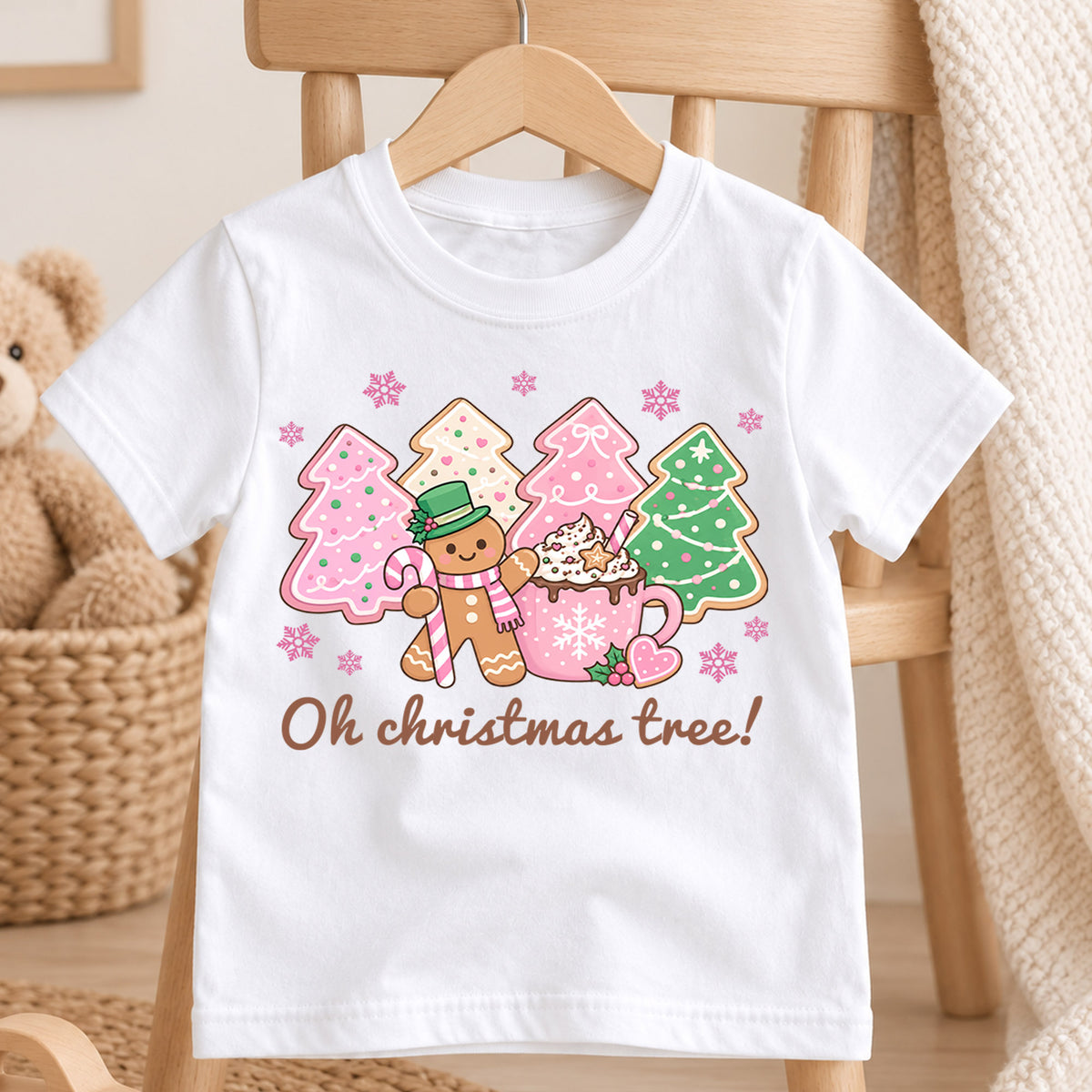 Oh Christmas Tree Kids Shirt, Gingerbread Cookie Tree Holiday Tee, Pink Christmas T Shirt, Cute Festive Xmas Gift for Girls — product view 4