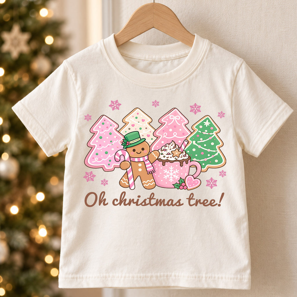 Oh Christmas Tree Kids Shirt, Gingerbread Cookie Tree Holiday Tee, Pink Christmas T Shirt, Cute Festive Xmas Gift for Girls — product view 5
