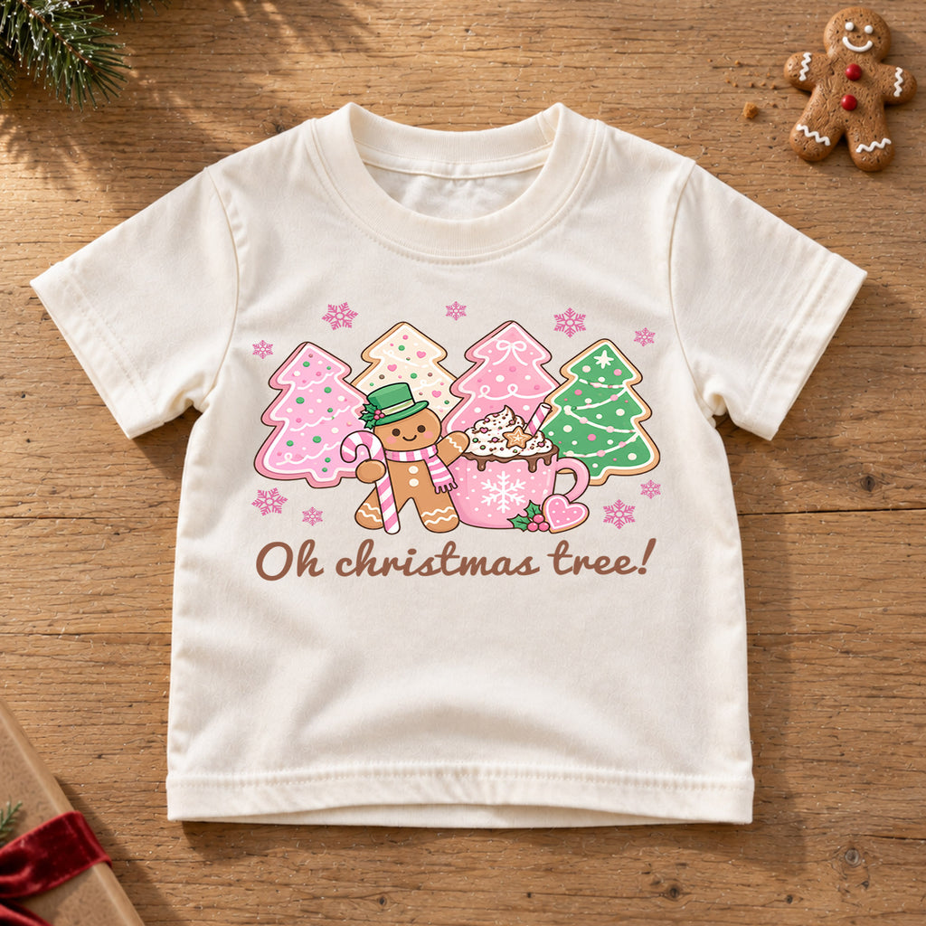 Oh Christmas Tree Kids Shirt, Gingerbread Cookie Tree Holiday Tee, Pink Christmas T Shirt, Cute Festive Xmas Gift for Girls — product view 6