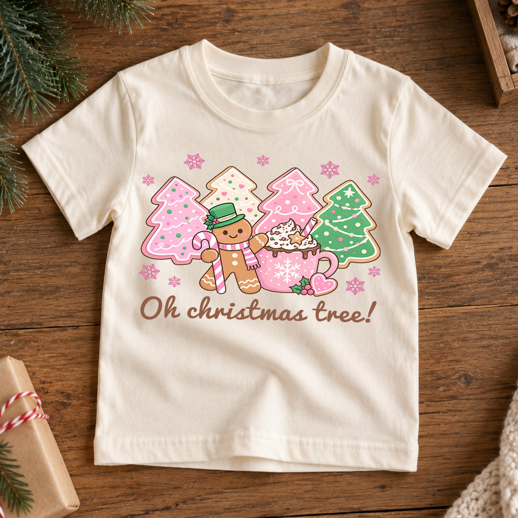 Oh Christmas Tree Kids Shirt, Gingerbread Cookie Tree Holiday Tee, Pink Christmas T Shirt, Cute Festive Xmas Gift for Girls — product view 7