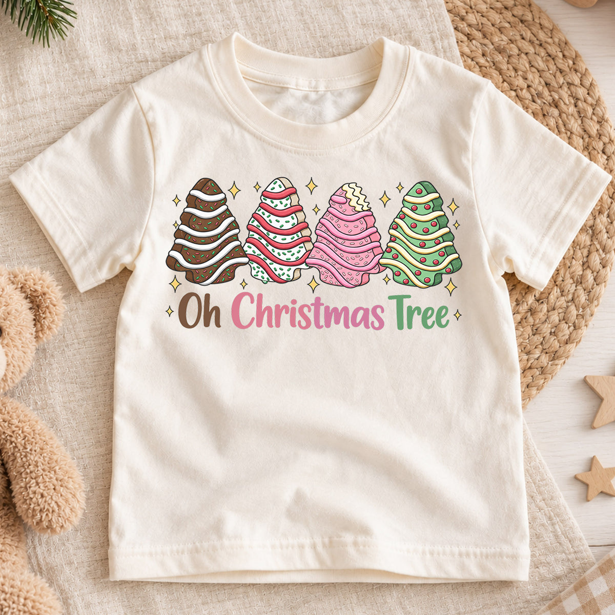 Oh Christmas Tree Kids Shirt, Christmas Cookie Tree Holiday T Shirt, Cute Pink Green Xmas Tee, Festive Christmas Gift for Kids — product view 1