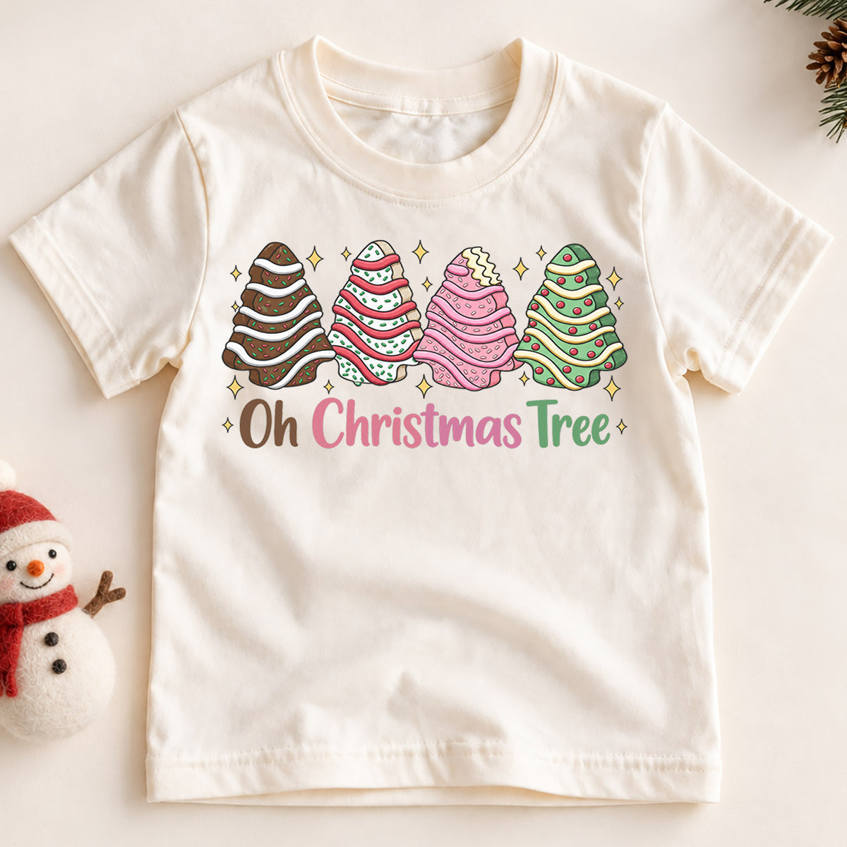 Oh Christmas Tree Kids Shirt, Christmas Cookie Tree Holiday T Shirt, Cute Pink Green Xmas Tee, Festive Christmas Gift for Kids — product view 2