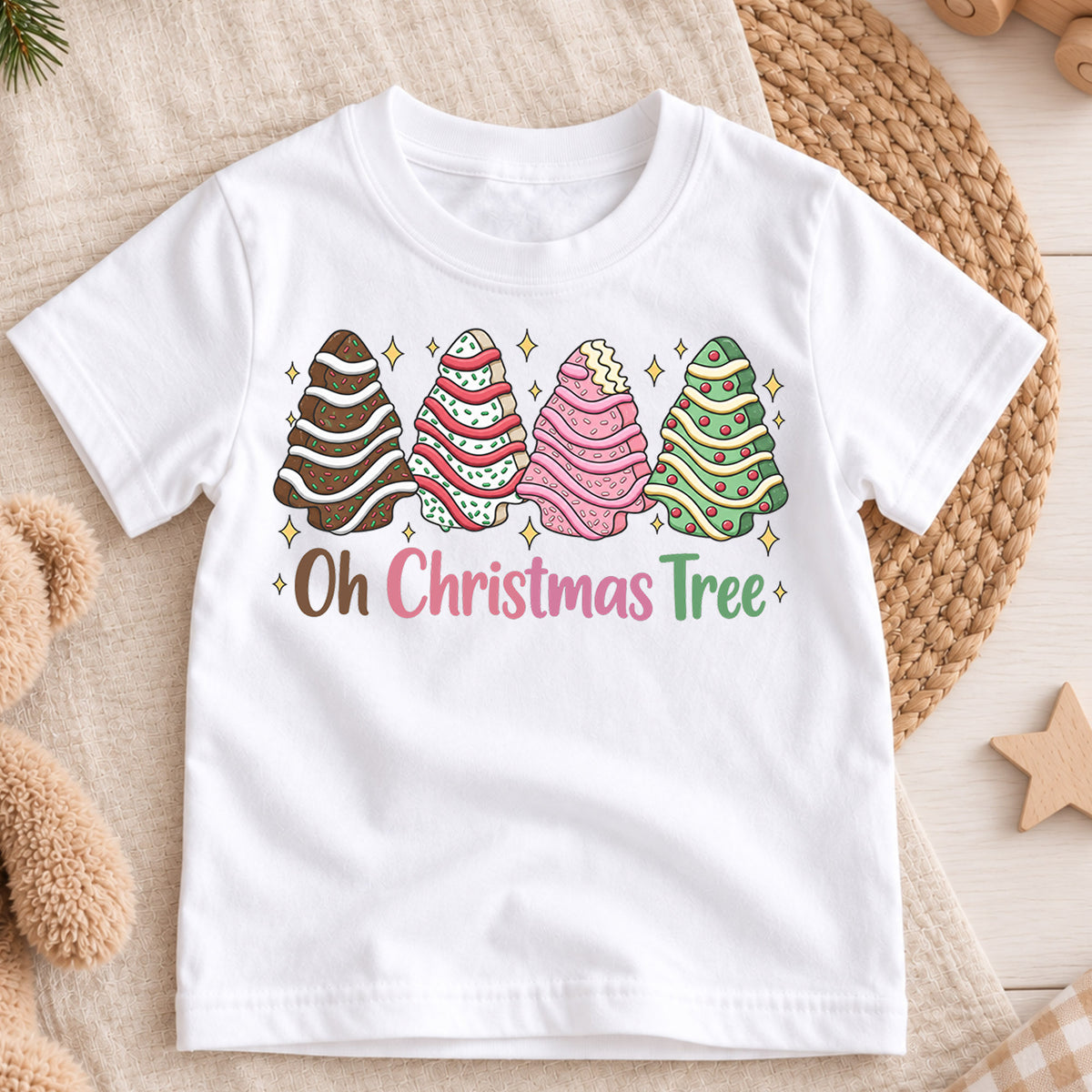 Oh Christmas Tree Kids Shirt, Christmas Cookie Tree Holiday T Shirt, Cute Pink Green Xmas Tee, Festive Christmas Gift for Kids — product view 3