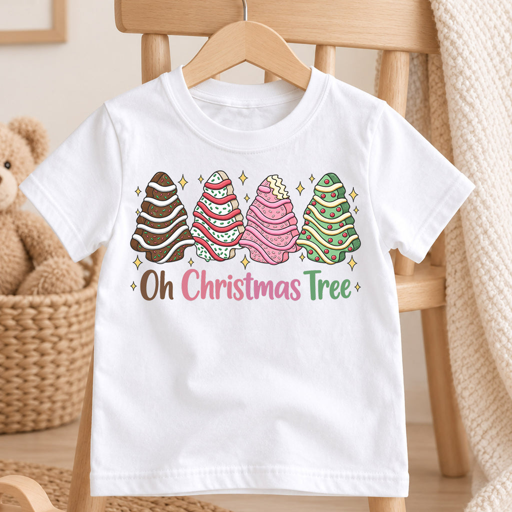 Oh Christmas Tree Kids Shirt, Christmas Cookie Tree Holiday T Shirt, Cute Pink Green Xmas Tee, Festive Christmas Gift for Kids — product view 4