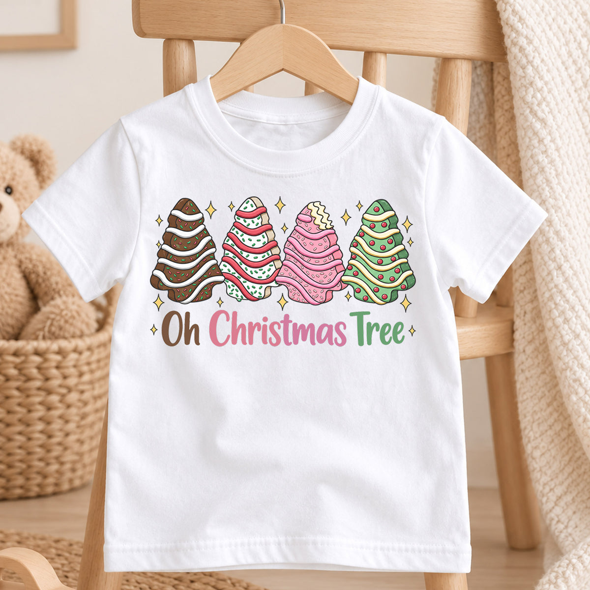 Oh Christmas Tree Kids Shirt, Christmas Cookie Tree Holiday T Shirt, Cute Pink Green Xmas Tee, Festive Christmas Gift for Kids — product view 4