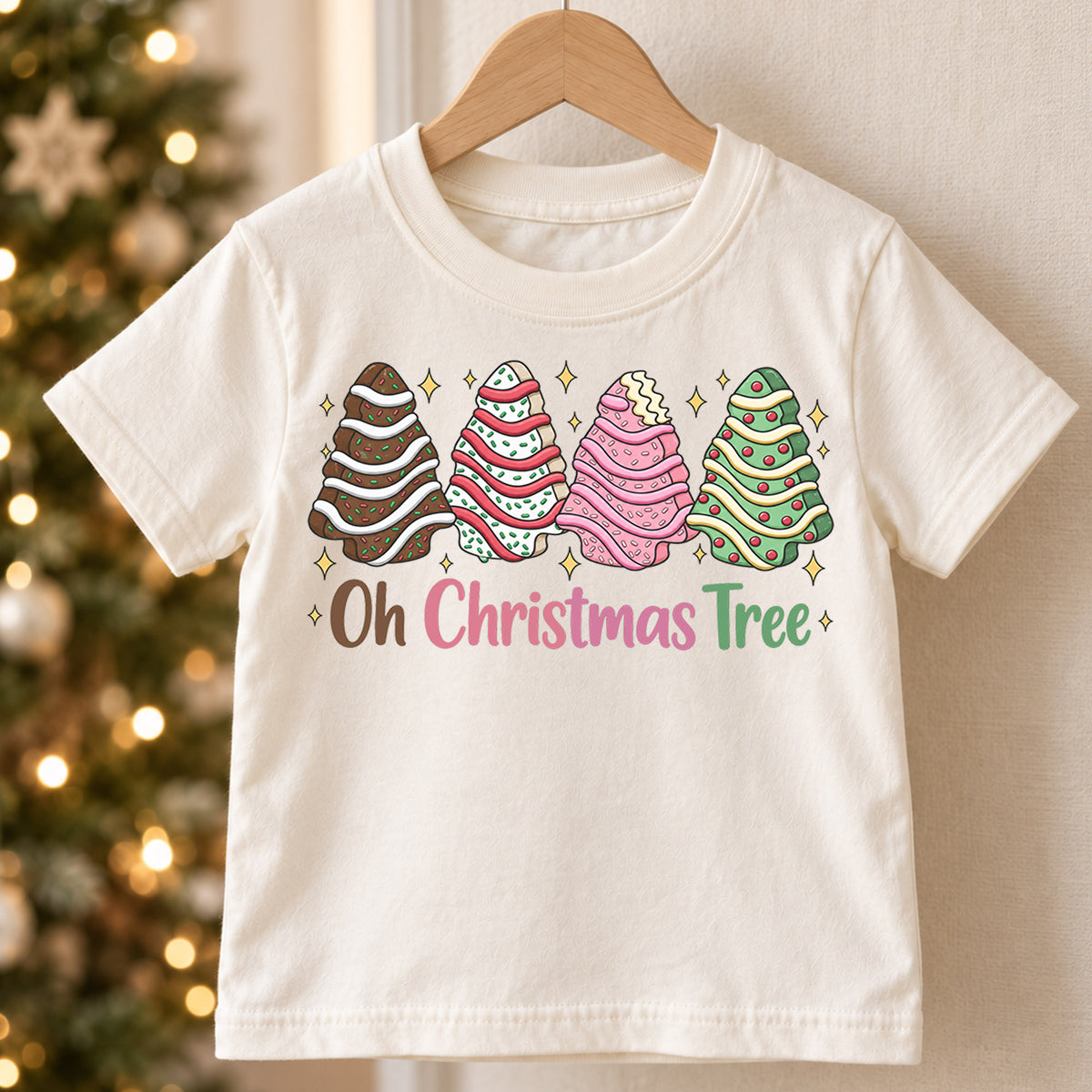 Oh Christmas Tree Kids Shirt, Christmas Cookie Tree Holiday T Shirt, Cute Pink Green Xmas Tee, Festive Christmas Gift for Kids — product view 5