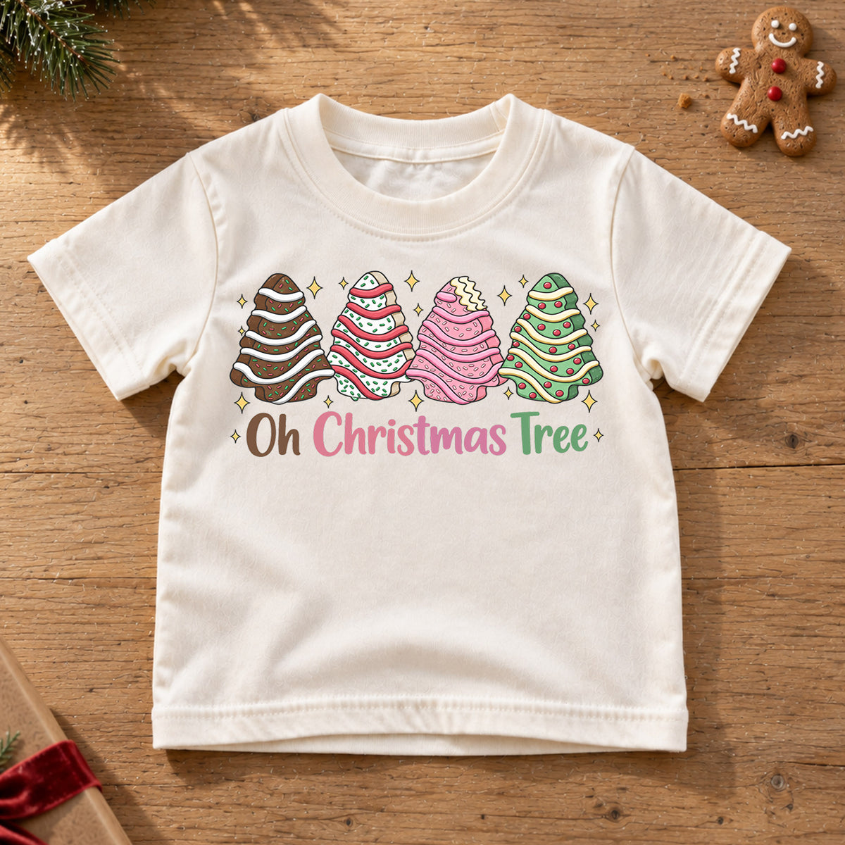 Oh Christmas Tree Kids Shirt, Christmas Cookie Tree Holiday T Shirt, Cute Pink Green Xmas Tee, Festive Christmas Gift for Kids — product view 6