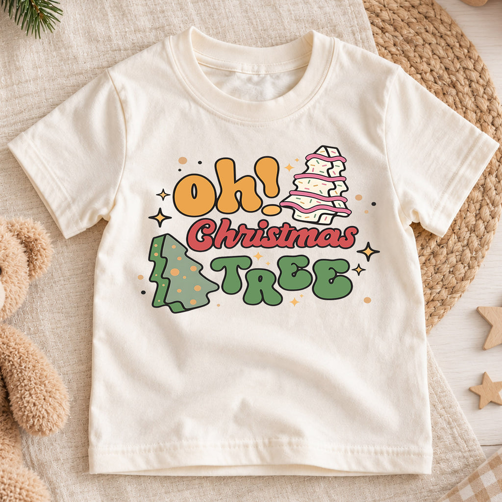 Oh Christmas Tree Kids Shirt, Retro Christmas Tree Holiday T Shirt, Cute Minimal Xmas Tee, Festive Gift for Boys and Girls — product view 1
