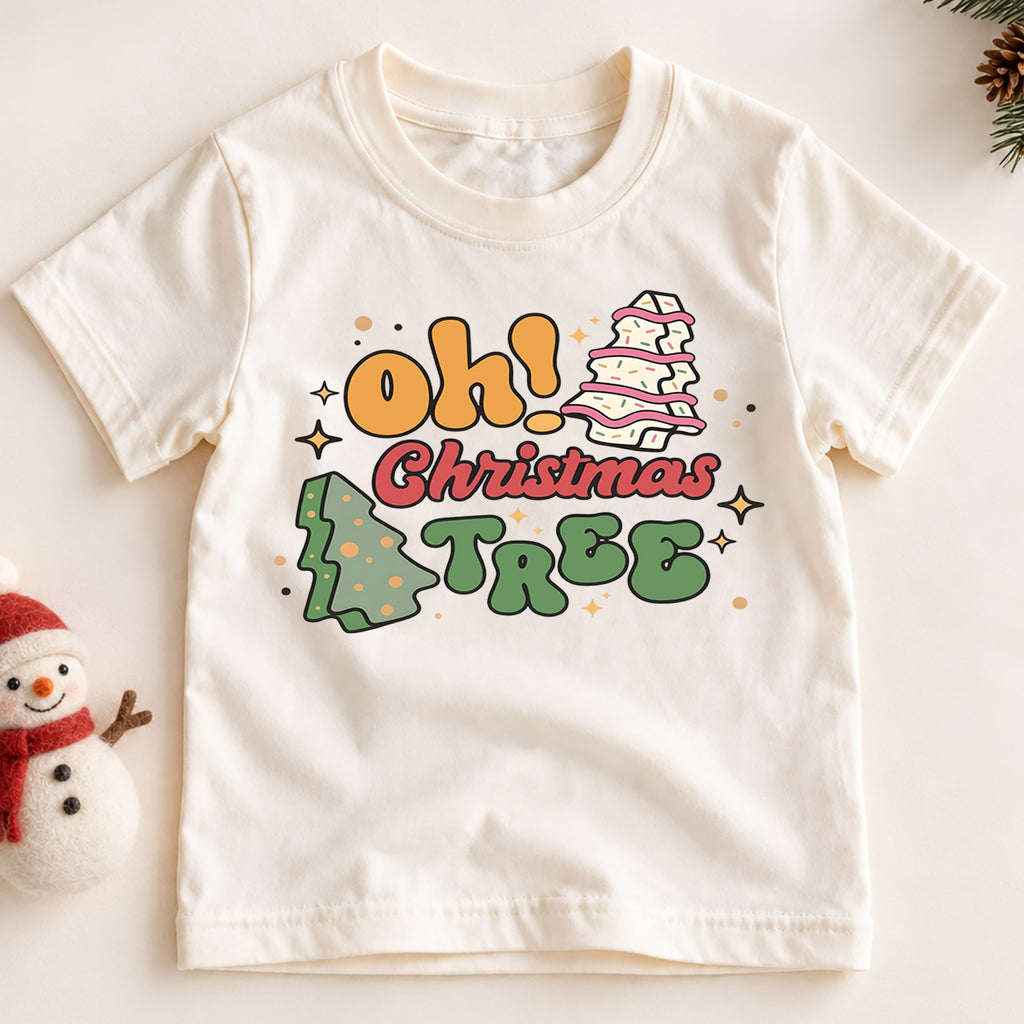 Oh Christmas Tree Kids Shirt, Retro Christmas Tree Holiday T Shirt, Cute Minimal Xmas Tee, Festive Gift for Boys and Girls — product view 2