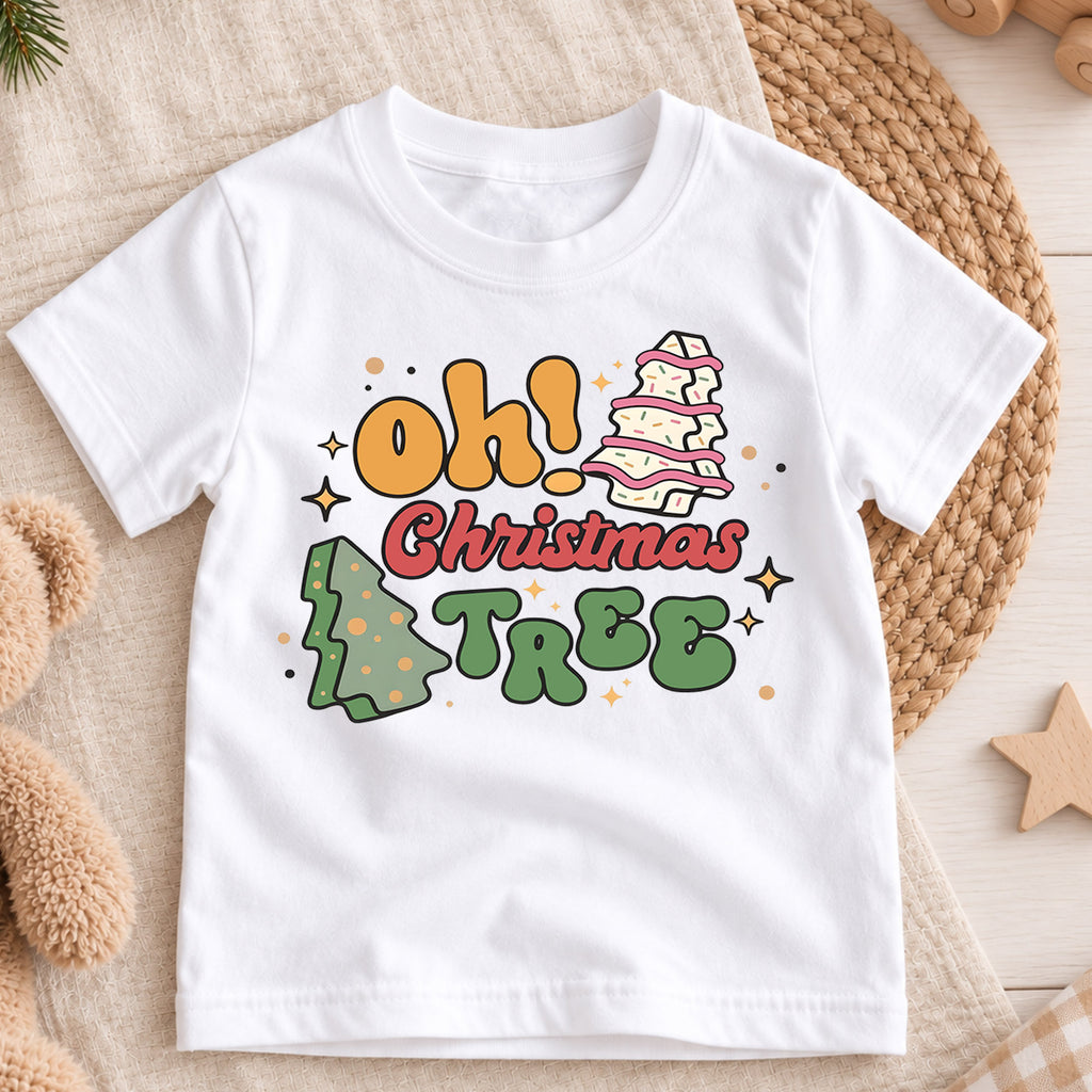 Oh Christmas Tree Kids Shirt, Retro Christmas Tree Holiday T Shirt, Cute Minimal Xmas Tee, Festive Gift for Boys and Girls — product view 3