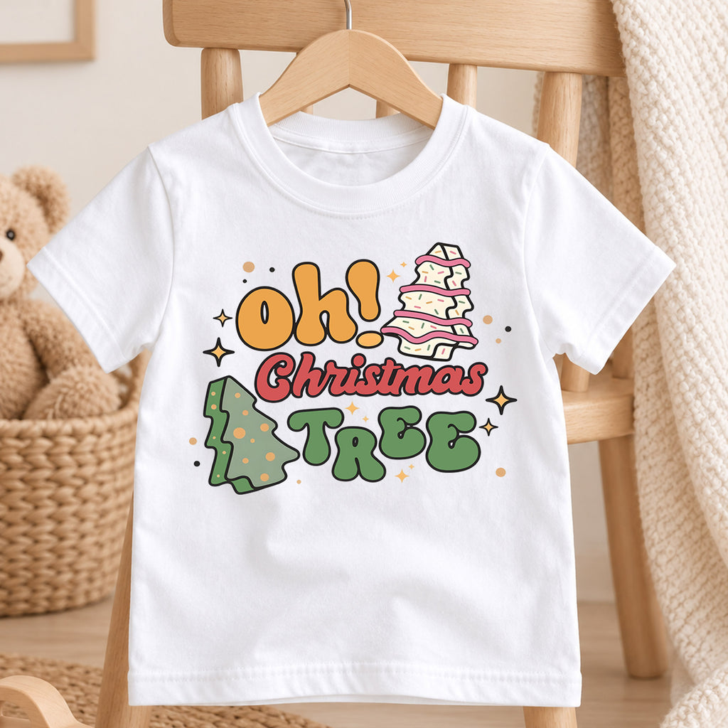 Oh Christmas Tree Kids Shirt, Retro Christmas Tree Holiday T Shirt, Cute Minimal Xmas Tee, Festive Gift for Boys and Girls — product view 4