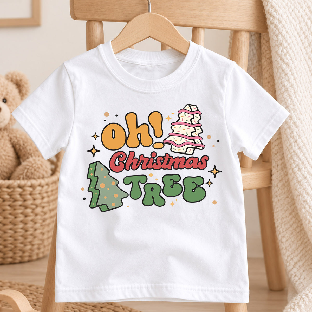 Oh Christmas Tree Kids Shirt, Retro Christmas Tree Holiday T Shirt, Cute Minimal Xmas Tee, Festive Gift for Boys and Girls — product view 4