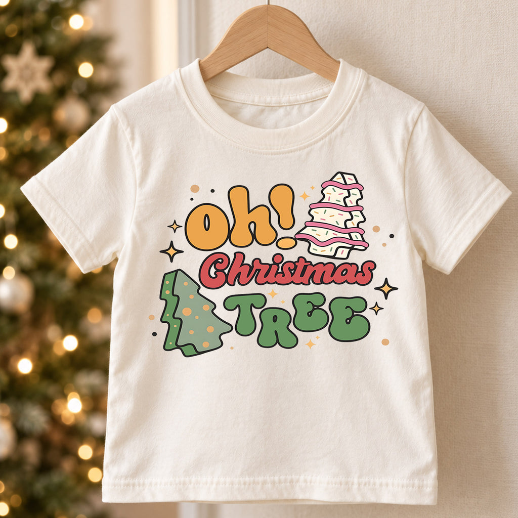 Oh Christmas Tree Kids Shirt, Retro Christmas Tree Holiday T Shirt, Cute Minimal Xmas Tee, Festive Gift for Boys and Girls — product view 5