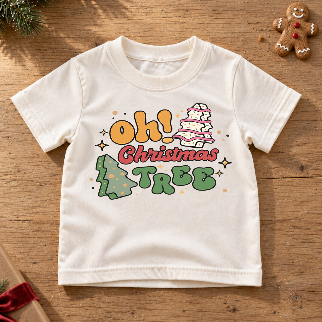 Oh Christmas Tree Kids Shirt, Retro Christmas Tree Holiday T Shirt, Cute Minimal Xmas Tee, Festive Gift for Boys and Girls — product view 6
