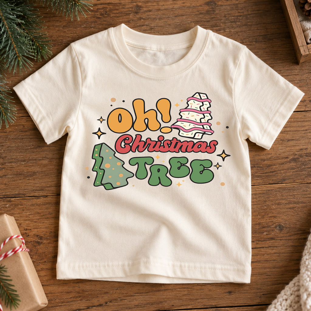 Oh Christmas Tree Kids Shirt, Retro Christmas Tree Holiday T Shirt, Cute Minimal Xmas Tee, Festive Gift for Boys and Girls — product view 7