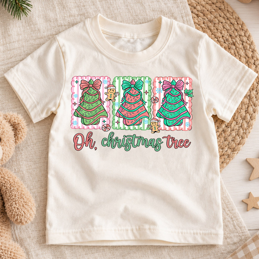 Oh Christmas Tree Girls Shirt, Pink Christmas Tree Holiday Tee, Coquette Bow Xmas T Shirt, Cute Christmas Gift for Kids — product view 1