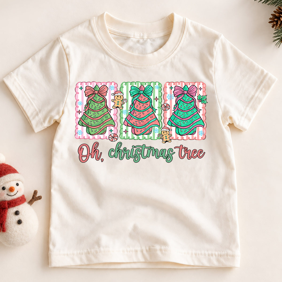 Oh Christmas Tree Girls Shirt, Pink Christmas Tree Holiday Tee, Coquette Bow Xmas T Shirt, Cute Christmas Gift for Kids — product view 2