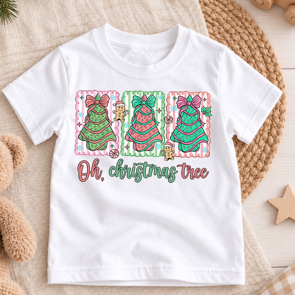 Oh Christmas Tree Girls Shirt, Pink Christmas Tree Holiday Tee, Coquette Bow Xmas T Shirt, Cute Christmas Gift for Kids — product view 3