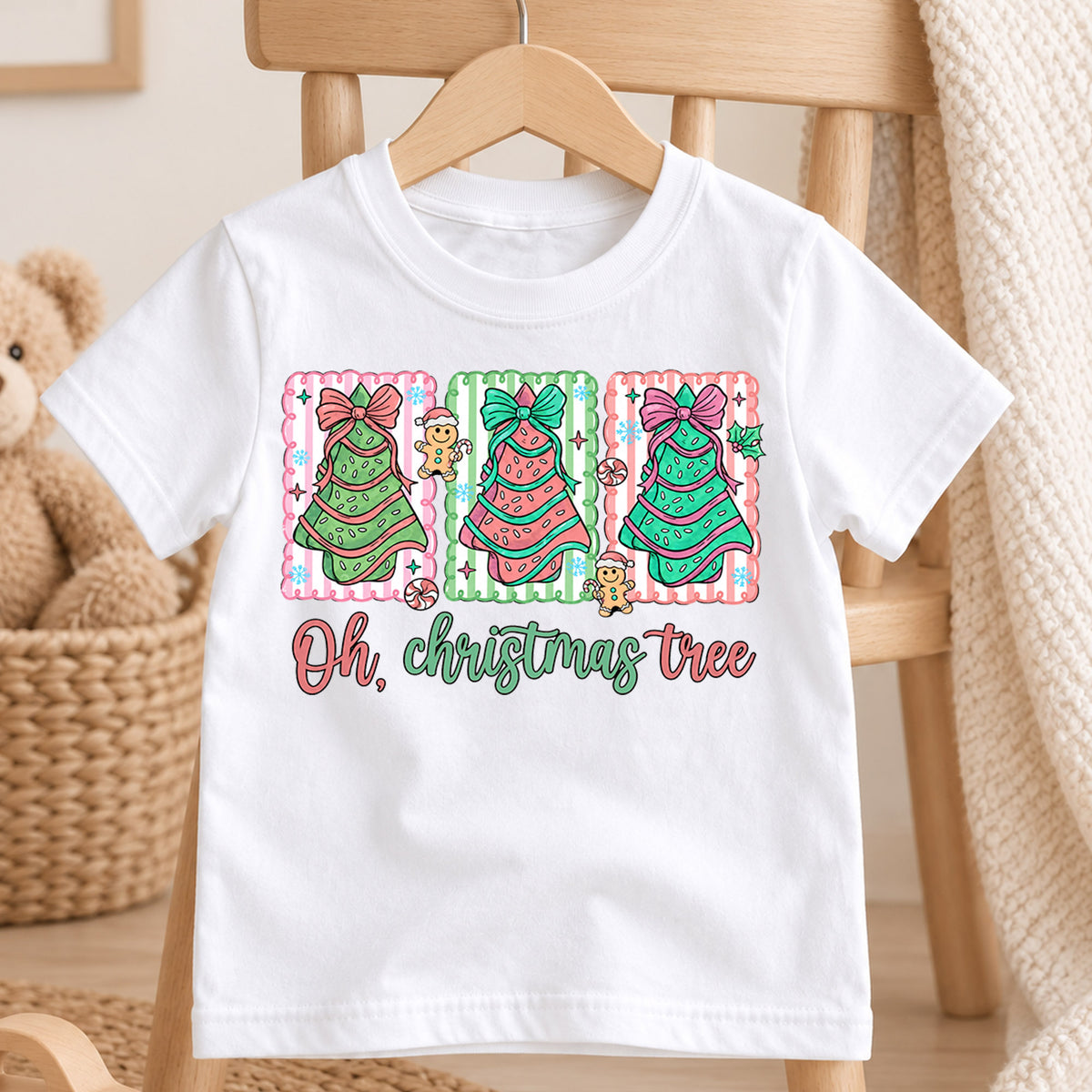 Oh Christmas Tree Girls Shirt, Pink Christmas Tree Holiday Tee, Coquette Bow Xmas T Shirt, Cute Christmas Gift for Kids — product view 4