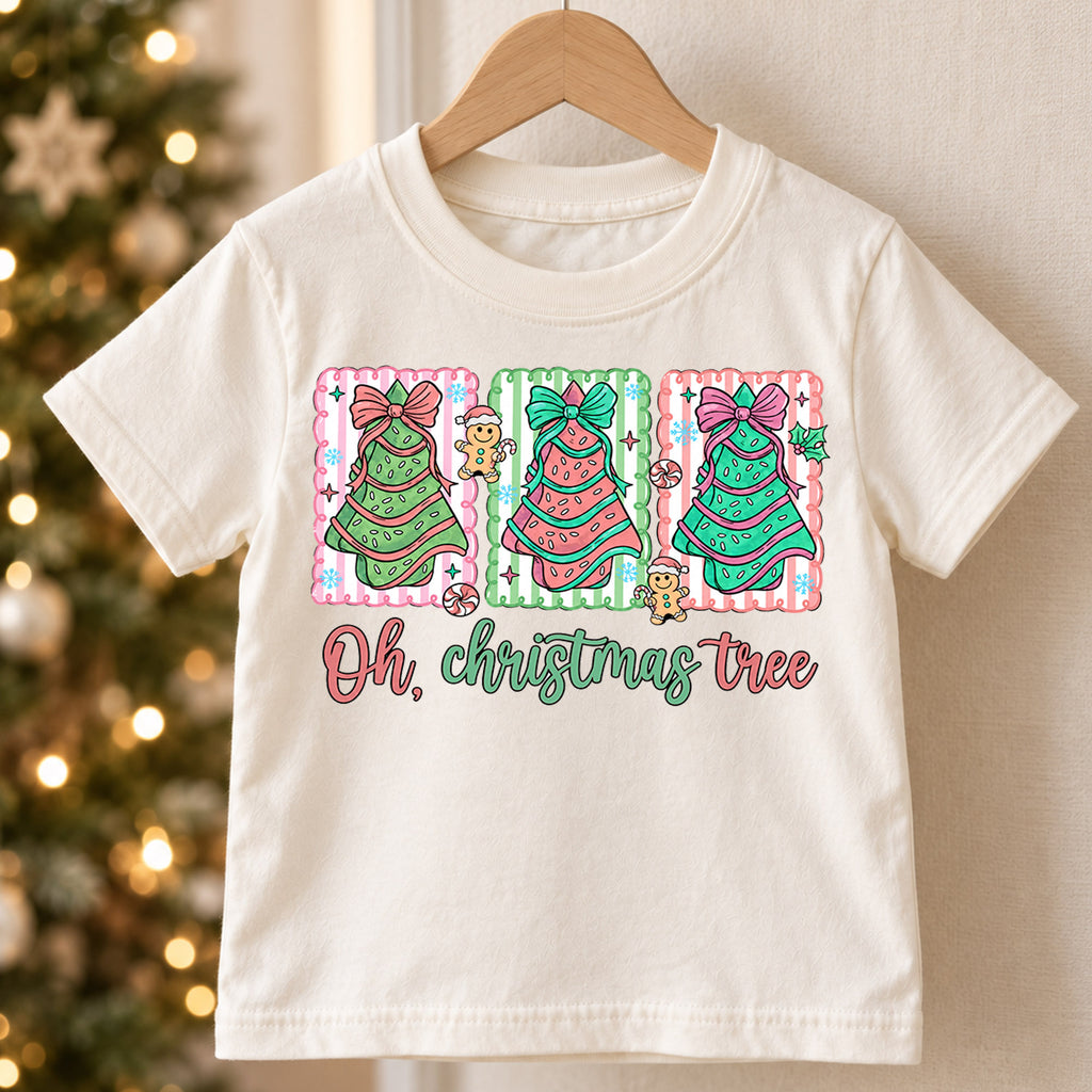 Oh Christmas Tree Girls Shirt, Pink Christmas Tree Holiday Tee, Coquette Bow Xmas T Shirt, Cute Christmas Gift for Kids — product view 5