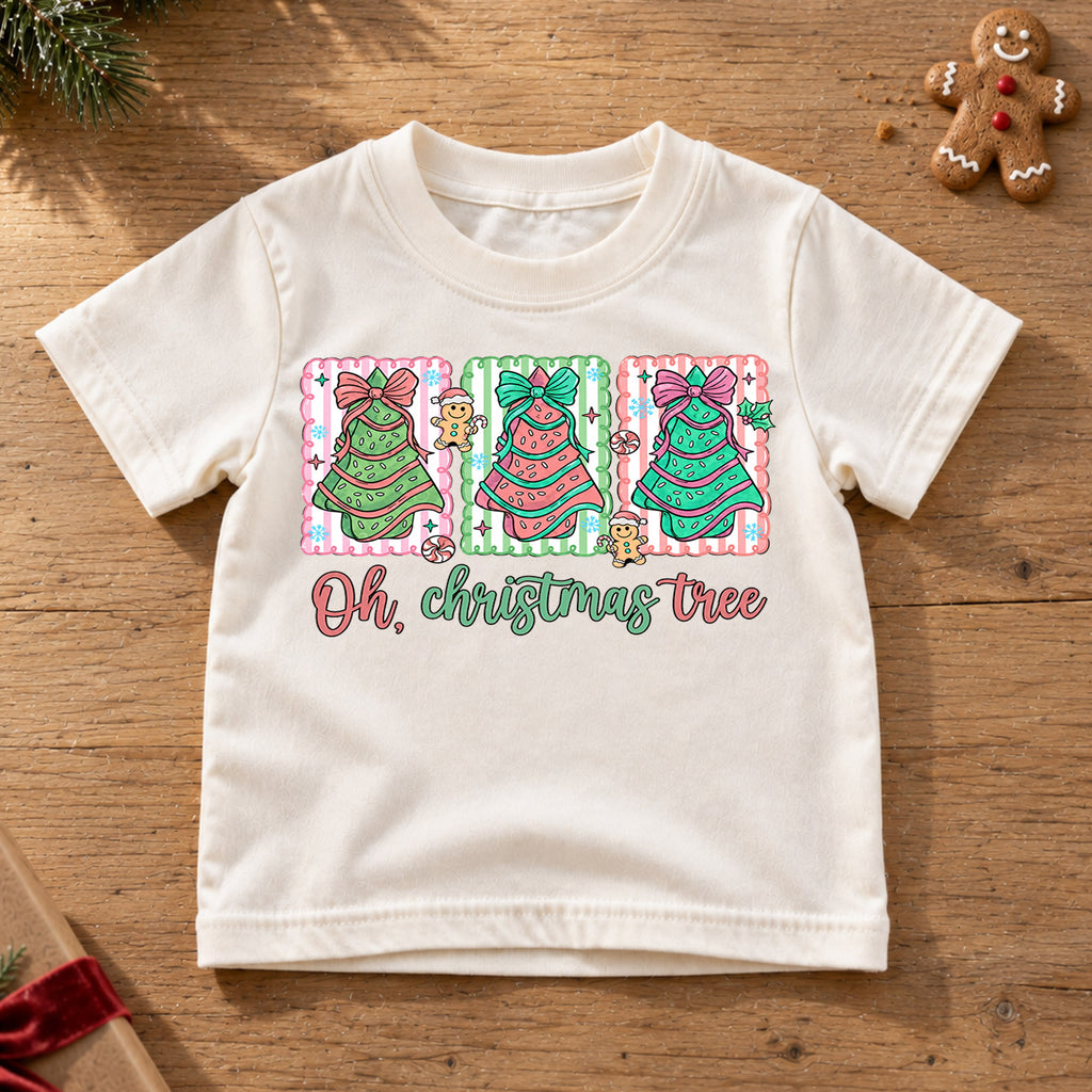 Oh Christmas Tree Girls Shirt, Pink Christmas Tree Holiday Tee, Coquette Bow Xmas T Shirt, Cute Christmas Gift for Kids — product view 6