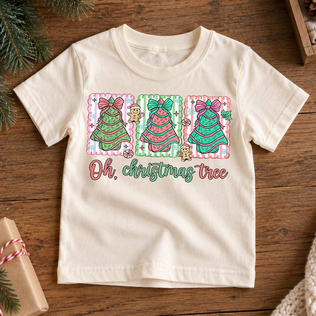Oh Christmas Tree Girls Shirt, Pink Christmas Tree Holiday Tee, Coquette Bow Xmas T Shirt, Cute Christmas Gift for Kids — product view 7