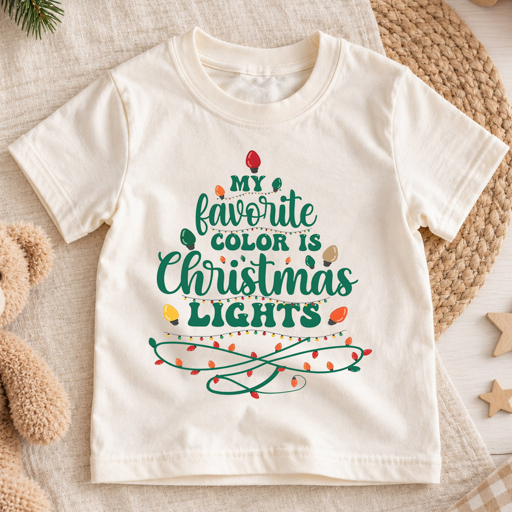 My Favorite Color Is Christmas Lights Kids Shirt, Funny Holiday Lights T Shirt, Retro Christmas Tee, Festive Xmas Gift for Kids — product view 1