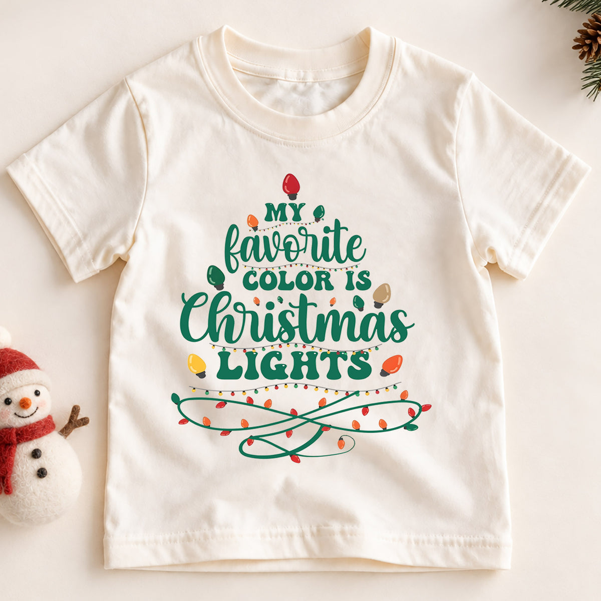 My Favorite Color Is Christmas Lights Kids Shirt, Funny Holiday Lights T Shirt, Retro Christmas Tee, Festive Xmas Gift for Kids — product view 2