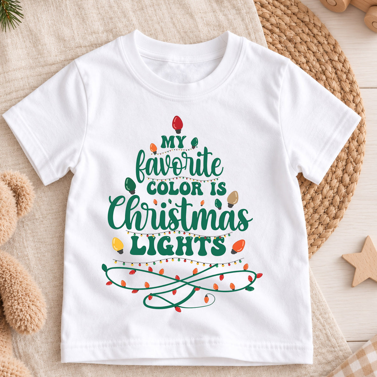 My Favorite Color Is Christmas Lights Kids Shirt, Funny Holiday Lights T Shirt, Retro Christmas Tee, Festive Xmas Gift for Kids — product view 3