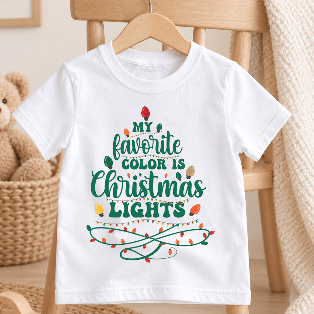 My Favorite Color Is Christmas Lights Kids Shirt, Funny Holiday Lights T Shirt, Retro Christmas Tee, Festive Xmas Gift for Kids — product view 4
