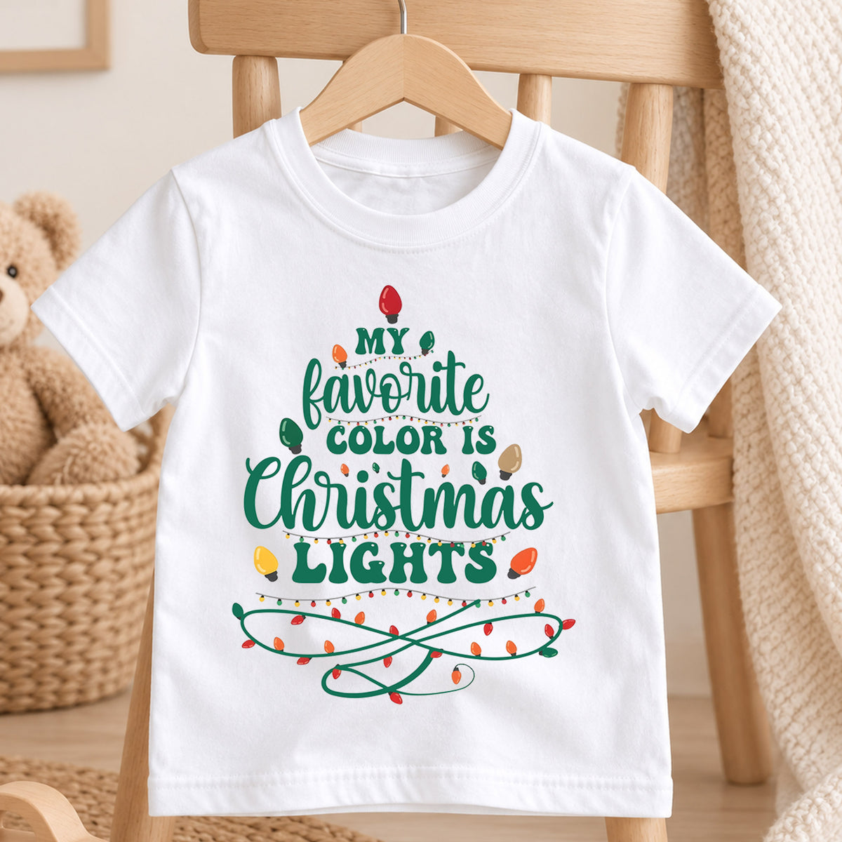 My Favorite Color Is Christmas Lights Kids Shirt, Funny Holiday Lights T Shirt, Retro Christmas Tee, Festive Xmas Gift for Kids — product view 4