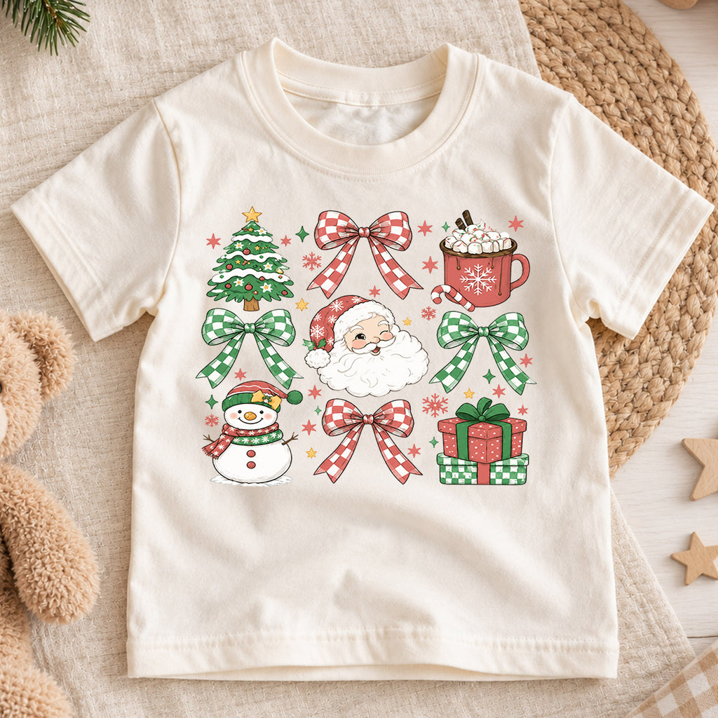 Christmas Icons Kids Shirt, Santa Snowman Holiday T Shirt, Christmas Bow and Hot Cocoa Tee, Cute Festive Gift for Kids — product view 1