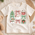 Christmas Icons Kids Shirt, Santa Snowman Holiday T Shirt, Christmas Bow and Hot Cocoa Tee, Cute Festive Gift for Kids — product view 1