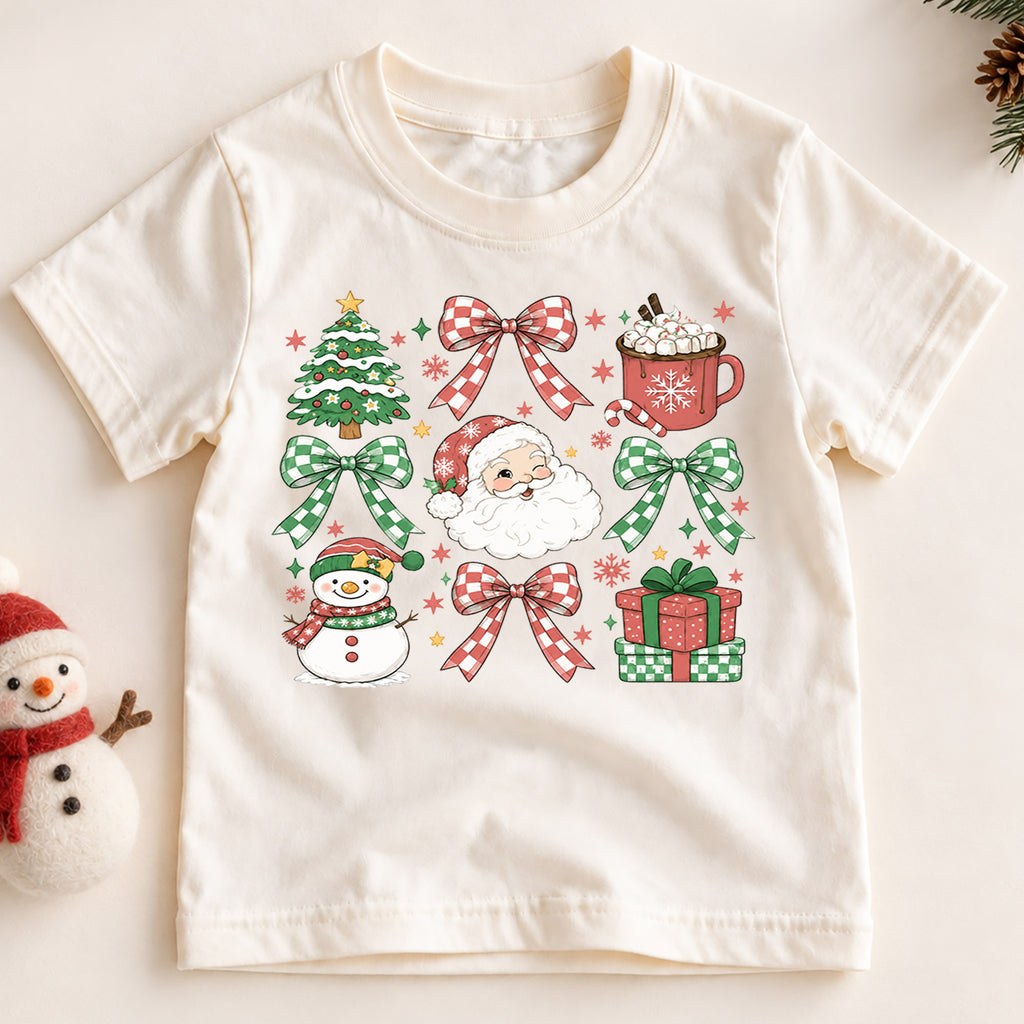 Christmas Icons Kids Shirt, Santa Snowman Holiday T Shirt, Christmas Bow and Hot Cocoa Tee, Cute Festive Gift for Kids — product view 2