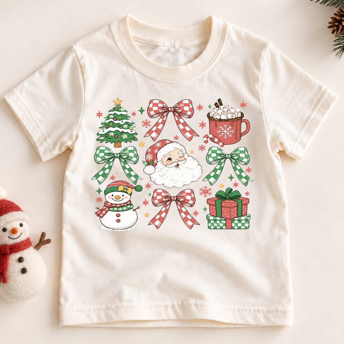 Christmas Icons Kids Shirt, Santa Snowman Holiday T Shirt, Christmas Bow and Hot Cocoa Tee, Cute Festive Gift for Kids — product view 2