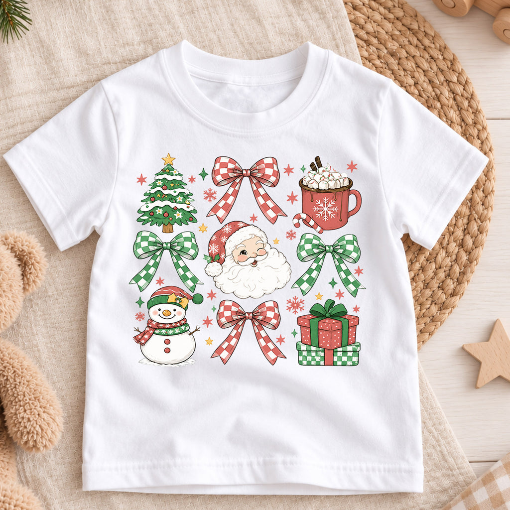 Christmas Icons Kids Shirt, Santa Snowman Holiday T Shirt, Christmas Bow and Hot Cocoa Tee, Cute Festive Gift for Kids — product view 3