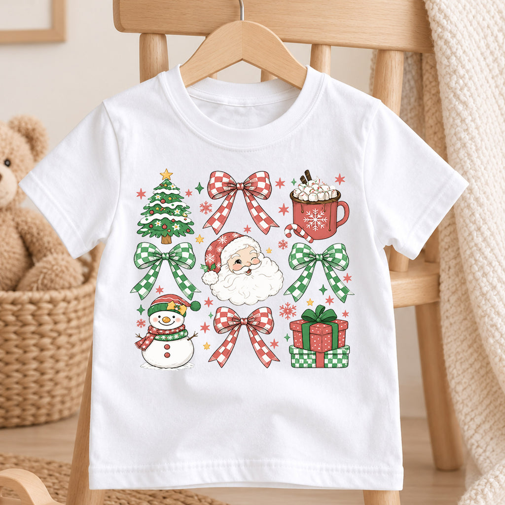 Christmas Icons Kids Shirt, Santa Snowman Holiday T Shirt, Christmas Bow and Hot Cocoa Tee, Cute Festive Gift for Kids — product view 4