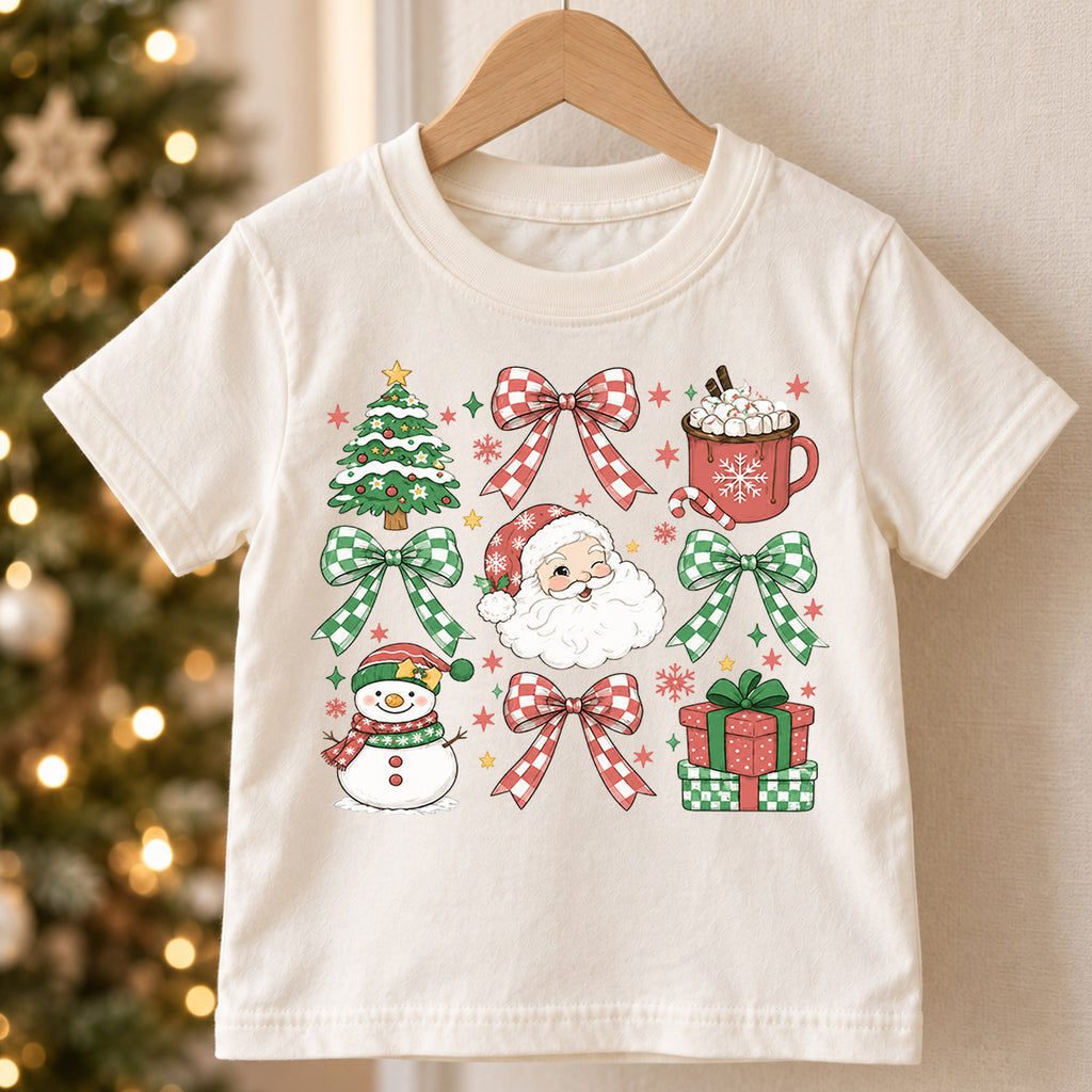 Christmas Icons Kids Shirt, Santa Snowman Holiday T Shirt, Christmas Bow and Hot Cocoa Tee, Cute Festive Gift for Kids — product view 5