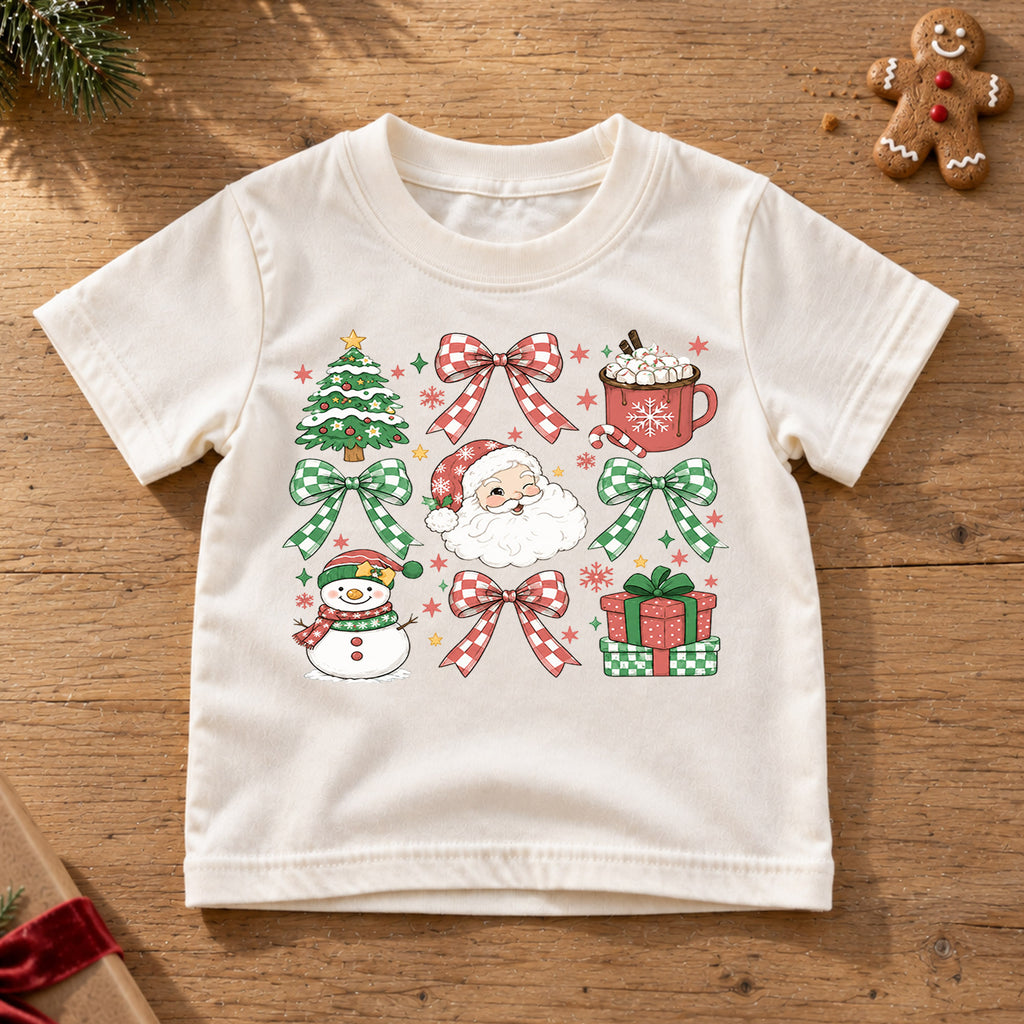 Christmas Icons Kids Shirt, Santa Snowman Holiday T Shirt, Christmas Bow and Hot Cocoa Tee, Cute Festive Gift for Kids — product view 6