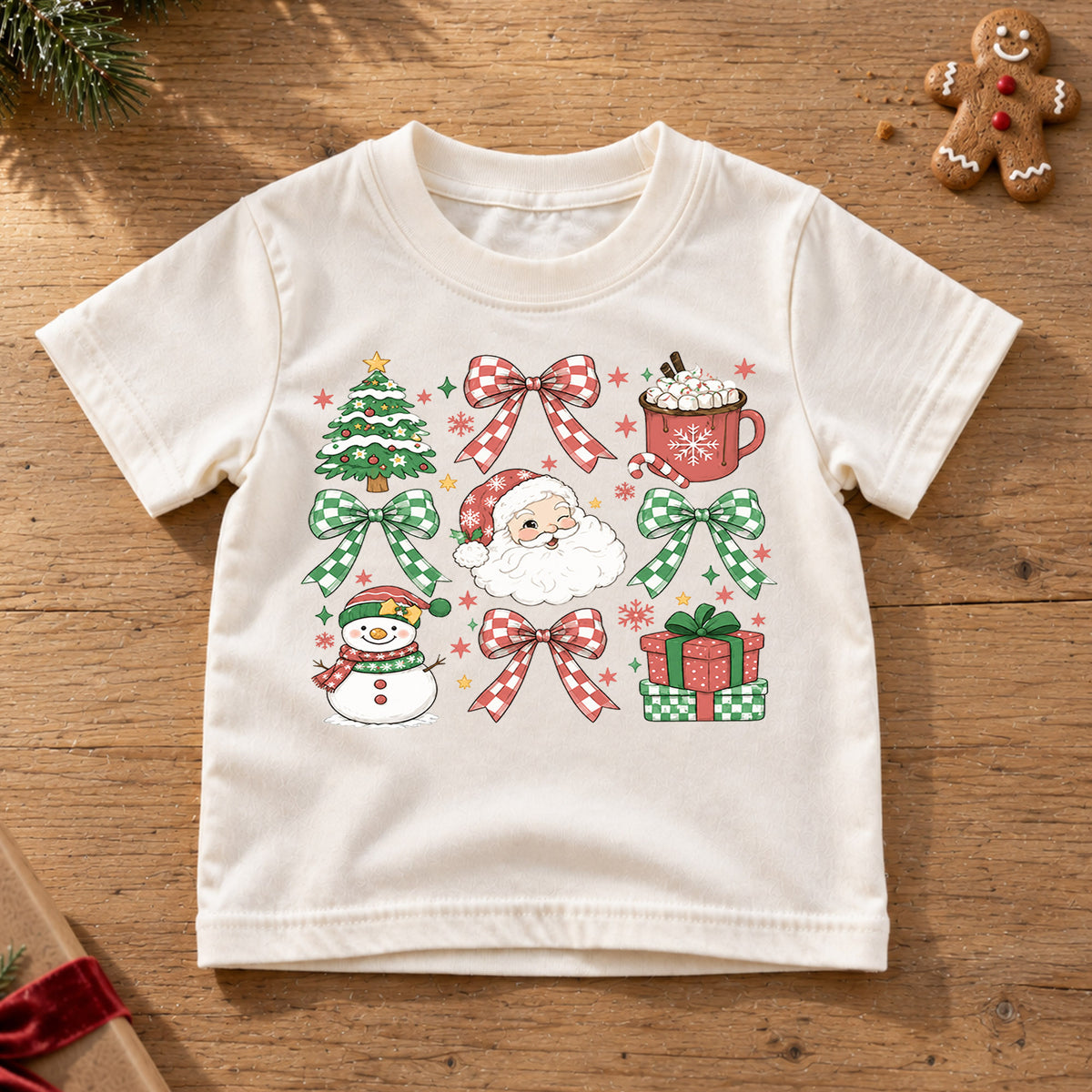 Christmas Icons Kids Shirt, Santa Snowman Holiday T Shirt, Christmas Bow and Hot Cocoa Tee, Cute Festive Gift for Kids — product view 6