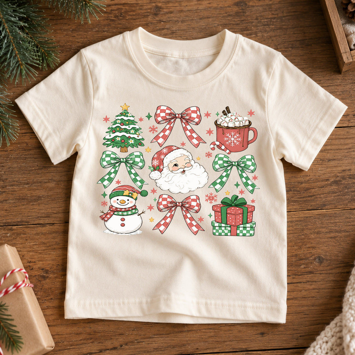 Christmas Icons Kids Shirt, Santa Snowman Holiday T Shirt, Christmas Bow and Hot Cocoa Tee, Cute Festive Gift for Kids — product view 7