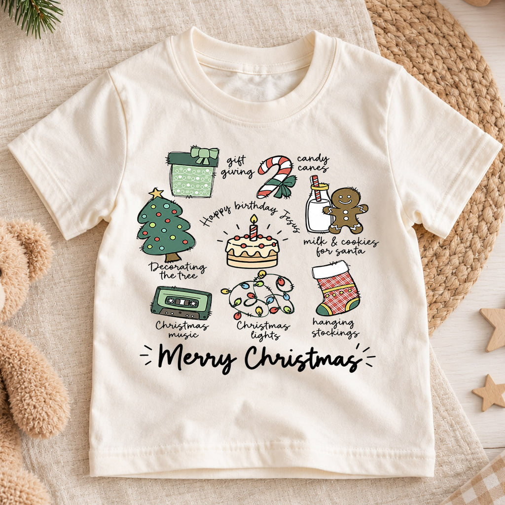 Christian Christmas Kids Shirt, Happy Birthday Jesus Holiday Tee, Christmas Traditions T Shirt, Religious Xmas Gift for Kids — product view 1