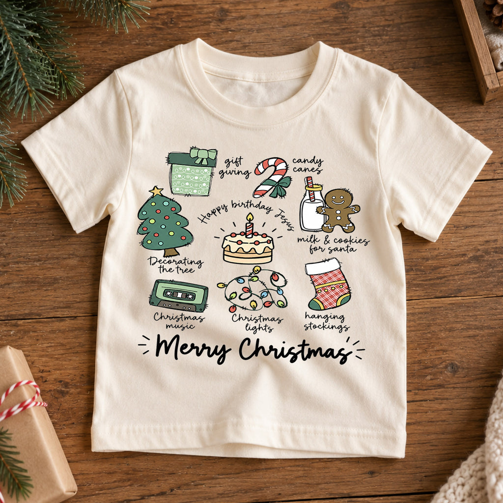 Christian Christmas Kids Shirt, Happy Birthday Jesus Holiday Tee, Christmas Traditions T Shirt, Religious Xmas Gift for Kids — product view 7