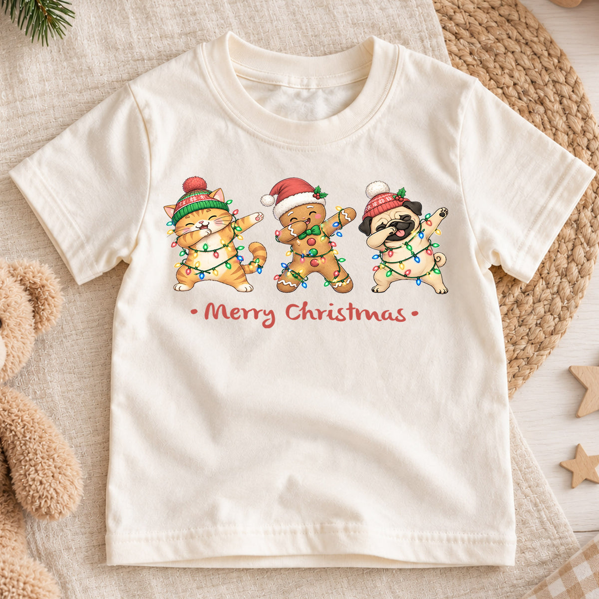 Funny Christmas Animals Kids Shirt, Cat Gingerbread Pug Holiday Tee, Christmas Lights T Shirt, Cute Xmas Gift for Kids — product view 1