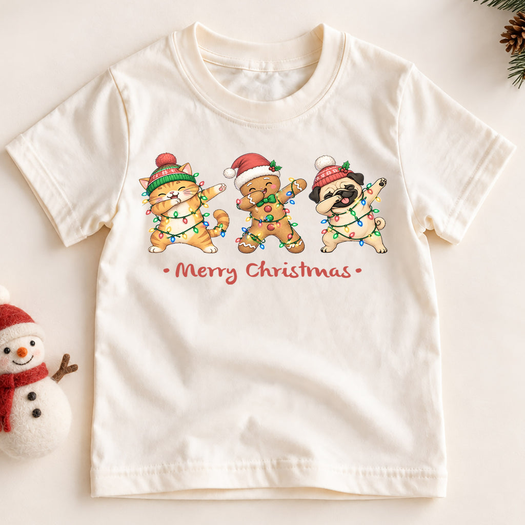 Funny Christmas Animals Kids Shirt, Cat Gingerbread Pug Holiday Tee, Christmas Lights T Shirt, Cute Xmas Gift for Kids — product view 2